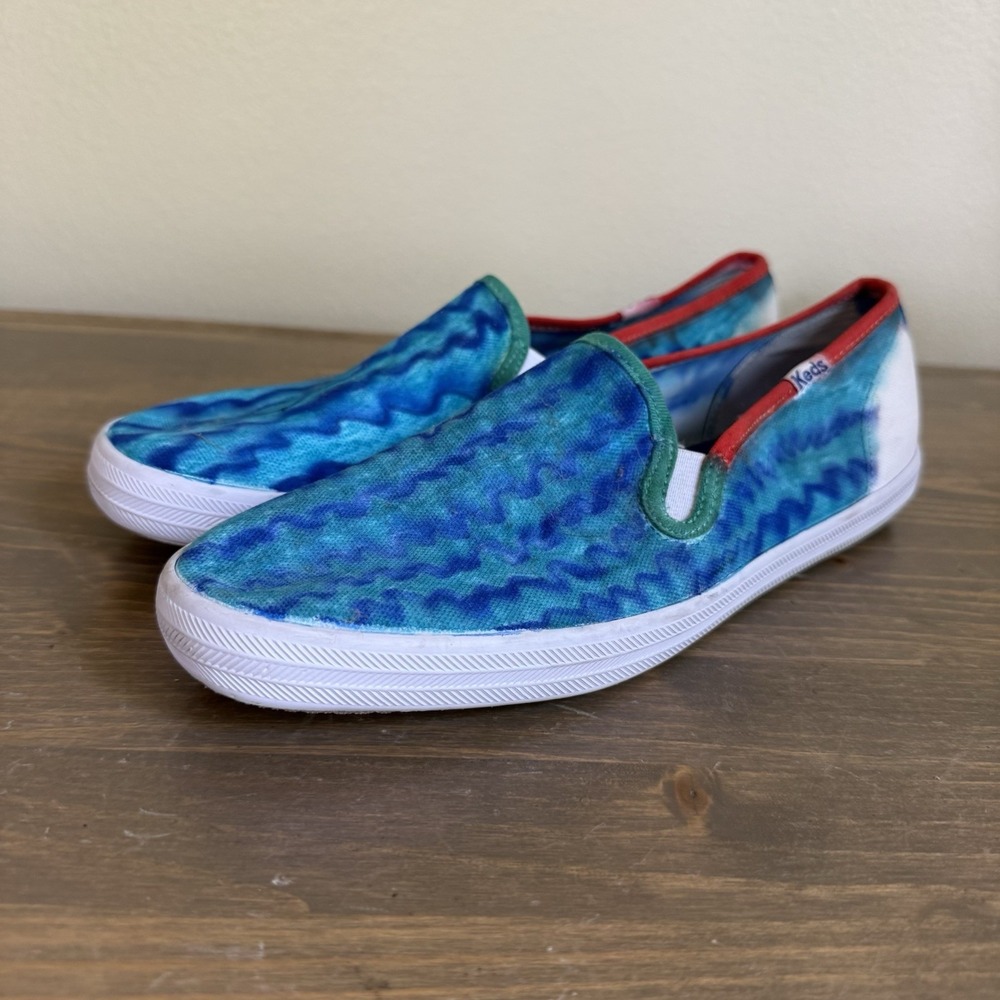Keds Womens 7.5‎ Blue Teal Tie Dye Red Trim Slip On Flat Sneakers Shoes